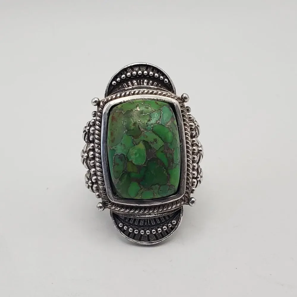 Vintage 925 Sterling Silver Green Copper Turquoise Ring Size 7.75